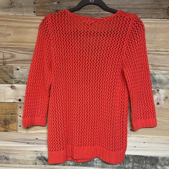 Lands’ End Canvas 1963 size Medium Vibrant Orangish Red V-Neck Open Knit Sweater - Picture 9 of 9